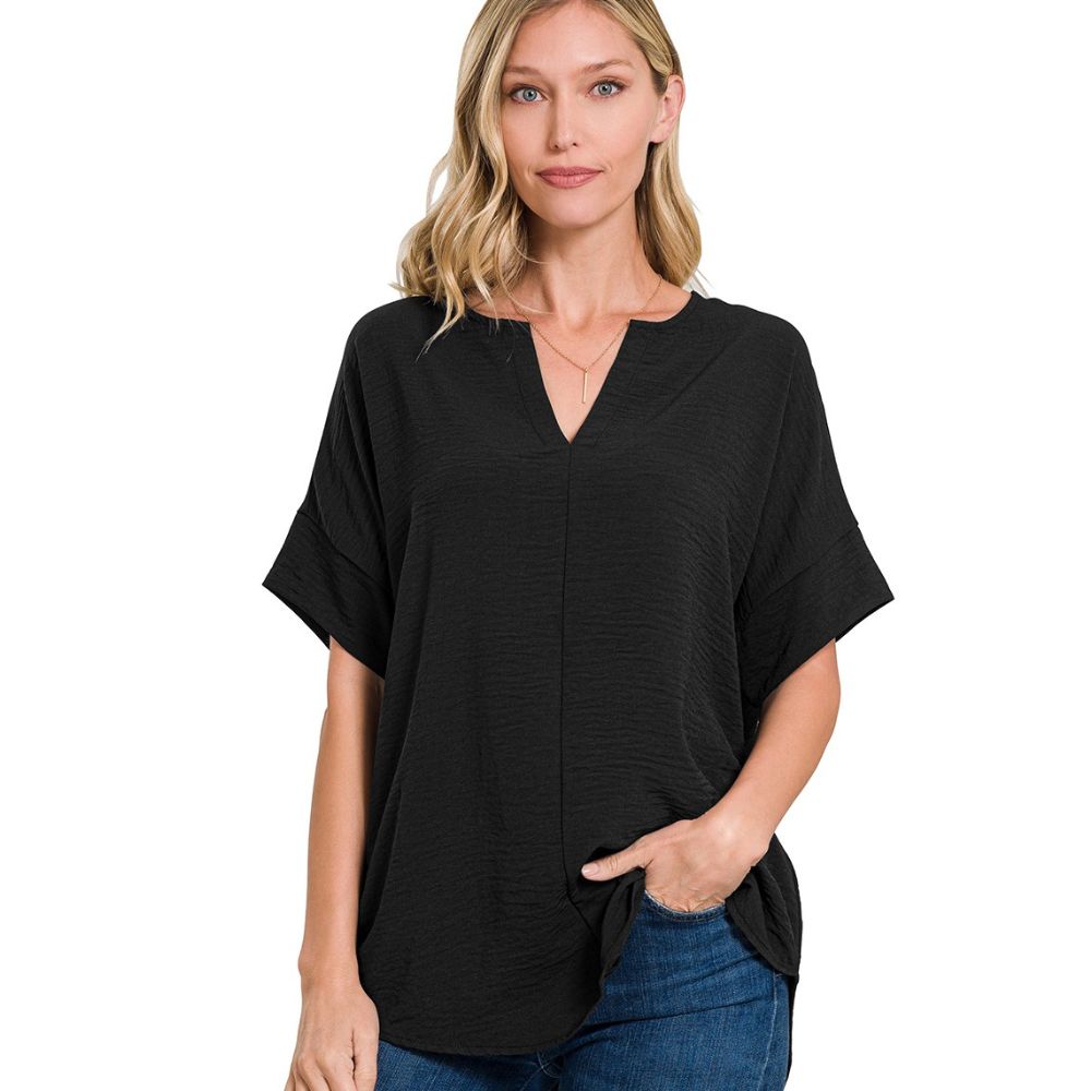 Woven Airflow Split Neck Top - Mauve Shoppe