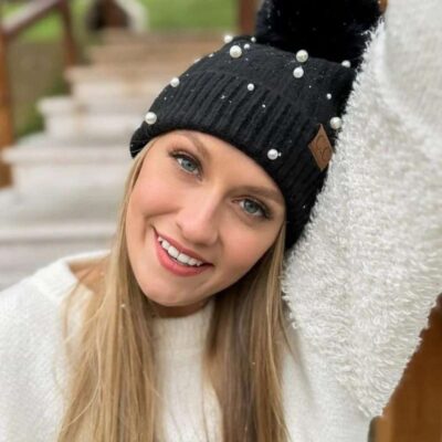 Naomi Pearl Embellished Pom Beanie - Black