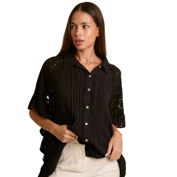 Button Down Collar Top With Contrast Fabric - Image 2