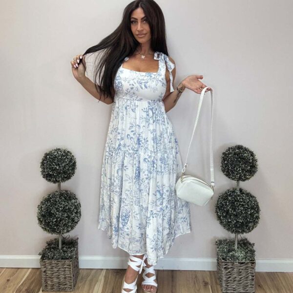 Fruit Blossom Tie Strap Tiered Midi Sundress – Square Neckline, Empire Waist & Smocked Back