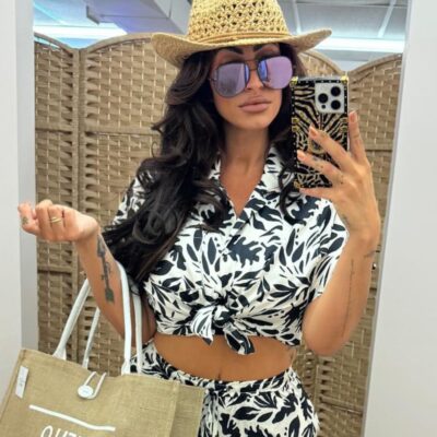 Printed Satin Cropped Collared Shirt