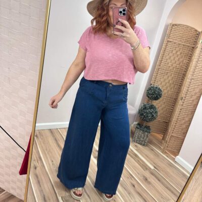 Chambray Pintuck Wide Leg Pant