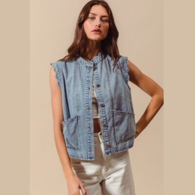 Button Up Denim Vest With Scallop Edge Detail