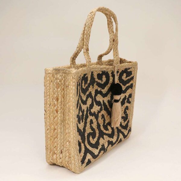 Geometric Pattern Printed Tassel Jute Tote Bag - Image 2