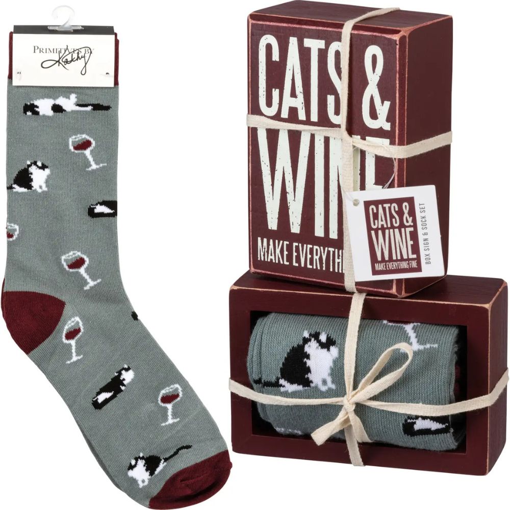 Cats and Wine Box Sign and Sock Set