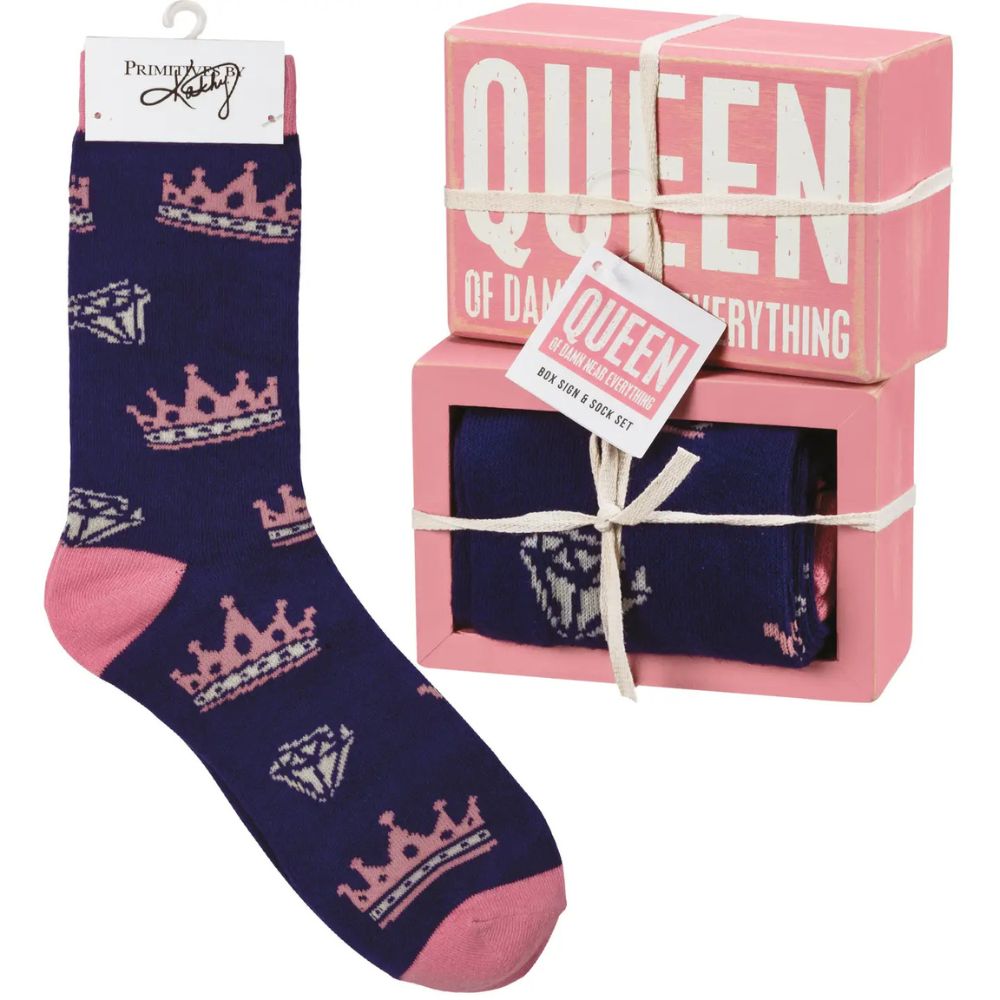 Queen of Near Everything Box Sign and Sock Set