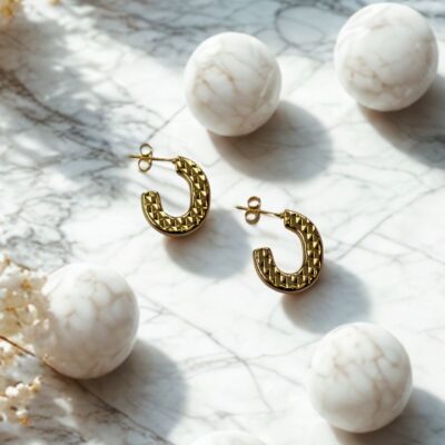 Embellished C shaped Gold Hoops