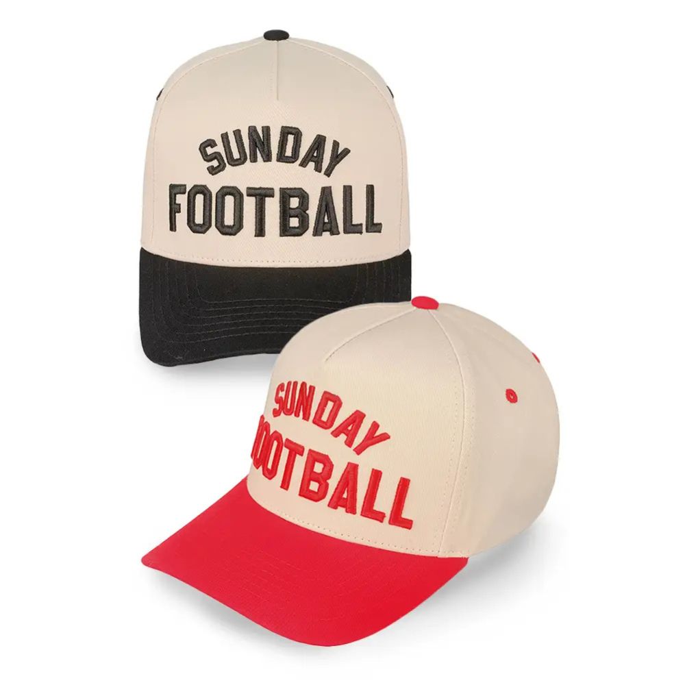 beige trucker hat with red or green bill