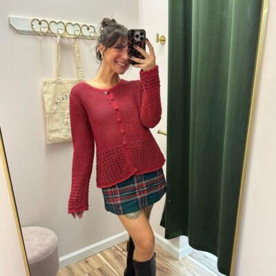 Crimson Crochet Button-Front Cardigan
