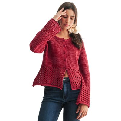 Crimson Crochet Button-Front Cardigan