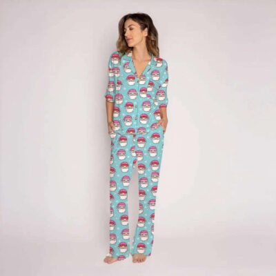 Pink Santa Hats Blue Cozy Loungewear Set