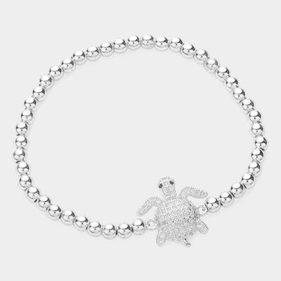 Silver Beaded Turtle Bracelet – Stretch Bracelet with CZ Sea Turtle Charm